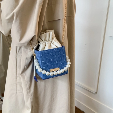 Women Pearl Handle Small Shoulder Bag Denim Fabric Drawstring Crossbody Bag With Gold Chain Fashion Mini Square Bag For Daily Use