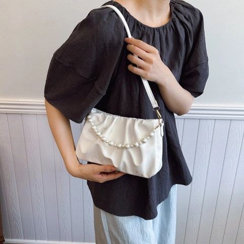 Dames Geplooide Wolk Schoudertas Parelketting Zijden Sjaal PU Leer Elegante Handtas Crossbody Tas Voor Kantoor Dagelijks