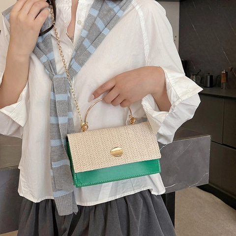 Borsa a Tracolla in Paglia Intrecciata Patchwork da Donna Manico ad Anello in Metallo Catena d'Oro Borsa Quadrata Piccola Estate