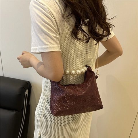 Elegant Women Snake Pattern PU Leather Shoulder Bag With Artificial Pearl Handle And Metal Chain Fashion Crossbody Bag
