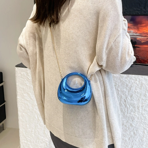 Bolso de Bandolera Mini Media Luna de Acrílico para Mujer Metálico Efecto Espejo con Asa Calada y Cadena para Fiesta