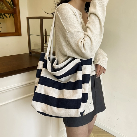 Borsa Tote da Donna in Tela a Righe di Grande Capacità Borsa a Tracolla Pendolare Casual alla Moda Shopper con Design a Righe