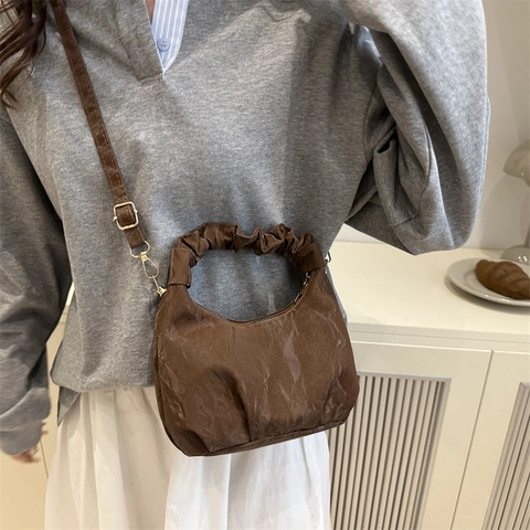 Women Stylish Ruched PU Leather Crossbody Bag Fashion Half Moon Hobo Bag With Cloud Handle Solid Color Chain Small Handbag
