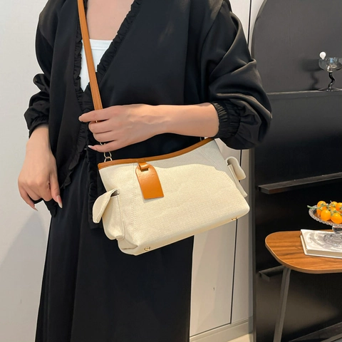 Borsa Tote da Donna alla Moda Casual in Tela con Cuciture in Pelle PU Borsa a Spalla Pendolare Grande Capacità Borsa a Mano
