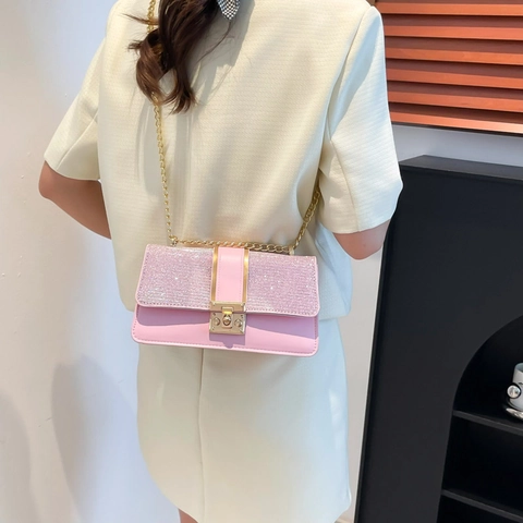 Damen Mode PU Leder Pailletten Spleißen Schulter Umhängetasche Kleine Quadratische Kettentasche Mit Metallschloss Handtasche