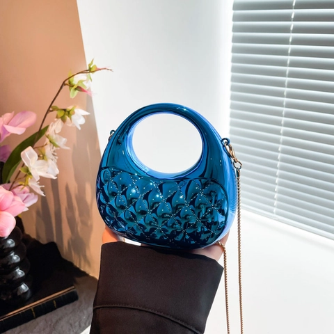 Women Acrylic Hard Shell Box Bag Diamond Quilted Crescent Shell Banquet Clutch With Chain Metallic Mirror Crossbody Bag