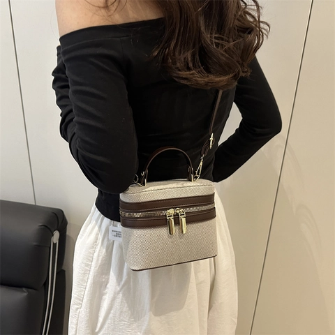Bolso Bandolera Boxy de Lona y Cuero PU para Mujer Diseño de Empalme Color de Contraste Bolso de Mano Vanity para Diario