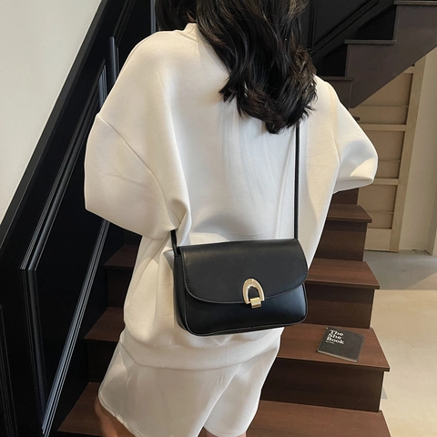 Damen Minimalistische PU Leder Kleine Quadratische Tasche Mit Goldener Hufeisenschnalle Knotengurt Casual Schulter Umhängetasche Alltag