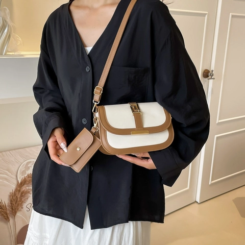 Bolso de Montura Vintage para Mujer Bolso de Axila de Cuero PU Bloques de Color Bolso de Hombro Con Mini Estuche Desmontable