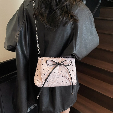 Borsa a Tracolla Trapuntata da Donna con Fiocco e Catena Borsa a Spalla alla Moda Stampata Piccola Borsa Messenger Quadrata per Uso Quotidiano