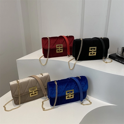 Vintage Velvet Quilted Shoulder Bag For Women Geometric Metal Buckle Chain Crossbody Bag Stylish Solid Color Summer Small Square Bag