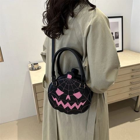 Women Halloween Pumpkin PU Leather Crossbody Bag Fashion Round Shoulder Bag Spider Web Contrast Color Jack-O-Lantern Handbag