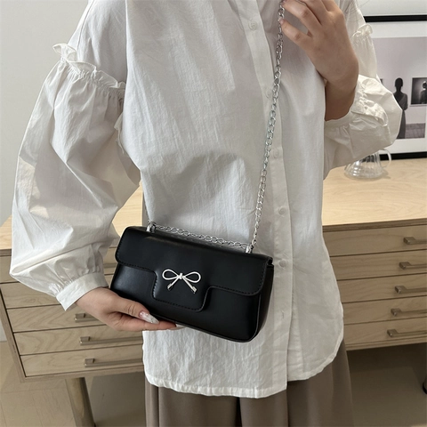 Dames Mode Strik Decor PU Leer Ketting Schoudertas Niche Ontwerp Vierkante Crossbody Tas Casual Chique Flap Kleine Handtas