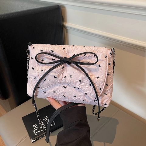 Französische Nische Design Gesteppte Stoff Achseltasche Für Damen Elegante Große Schleife Druck Kette Umhängetasche Stilvoll