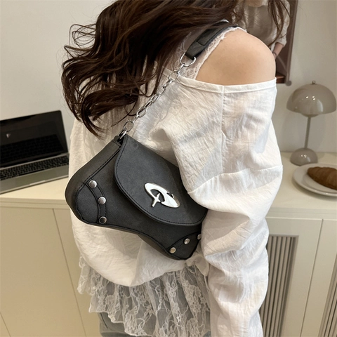 Vintage Y2K Denim Synthetic Leather Shoulder Bag For Women Metal Chain Star Buckle Rivet Small Square Underarm Bag Handbag