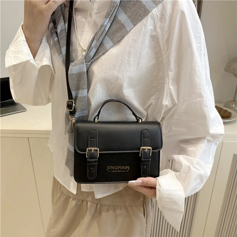 Damen PU Leder Kleine Quadratische Schultertasche Vintage Kontrastfarbe Umhängetasche Mit Doppelten Schnallen Mode Messenger Bag