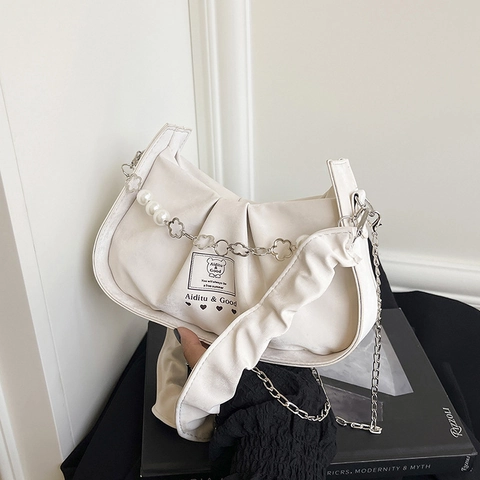 Sac Hobo Nuage Plissé pour Femmes avec Chaîne de Fleurs en Künstliche Perles Sac à Épaule Chic Plissé Sac Dumpling pour Dames