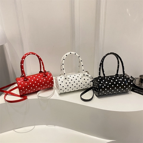 Women Polka Dot Barrel Shoulder Bag PU Leather Glossy Crossbody Bag Retro Fashion Cylinder Handbag With Adjustable Strap