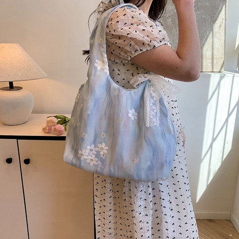 Women Floral Embroidery Tote Bag Lace Bow Shoulder Bag Large Capacity Gradient Polyester Soft Satchel Aesthetic Daily Bag