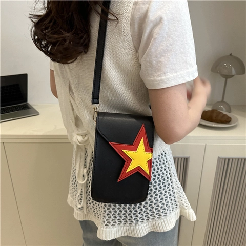 Women Fashion Retro Star Decoration PU Leather Small Square Crossbody Bag Minimalist Vertical Phone Bag With Adjustable Strap