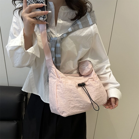 Fashion Nylon Tote Bag For Women Large Capacity Shoulder Crossbody Bag With Round Pouch Pleated Summer Satchel Bag