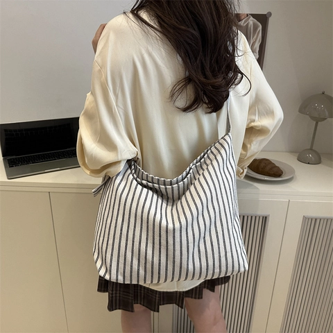 Bolso Tote de Lona a Rayas de Gran Capacidad para Mujer Bolso de Hombro de Tendencia Callejera Casual con Correa Ajustable