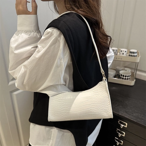 Retro Damen Krokodilmuster PU Leder Unterarmtasche Minimalistisch Glänzend Kleine Schulterhandtasche Chic Mode Handtasche