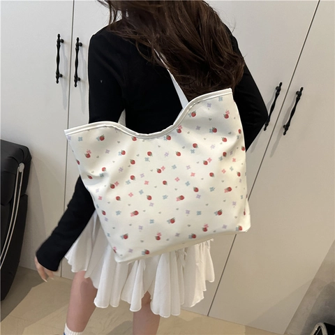 Borsa Tote in Tela Stampata alla Moda da Donna Fresca Fragola Ciliegia Floreale Borsa a Tracolla Grande Capacità per Scuola