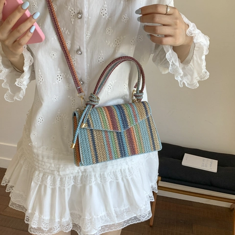 Women Fashion Woven Texture PU Leather Shoulder Bag Casual Stripe Crossbody Small Square Bag With Top Handle And Strap
