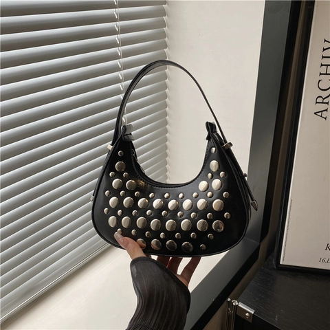 Fashion Rivet Studded Hobo Underarm Bag For Women PU Leather Crescent Shoulder Bag Punk Style Handbag For Daily Party Streetwear
