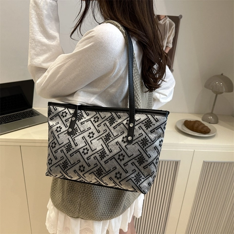 Vintage Femmes Grande Capacité Jacquard Polyester Fourre-tout Motif Floral Géométrique Sac à Épaule Trendy Décontracté Sac à Main