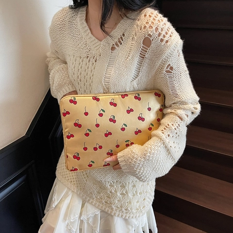 Women Fashion PU Leather Laptop Sleeve Cherry Print Clutch Bag Zipper Closure Large Capacity Horizontal Square Inner Pouch For Office Daily Use