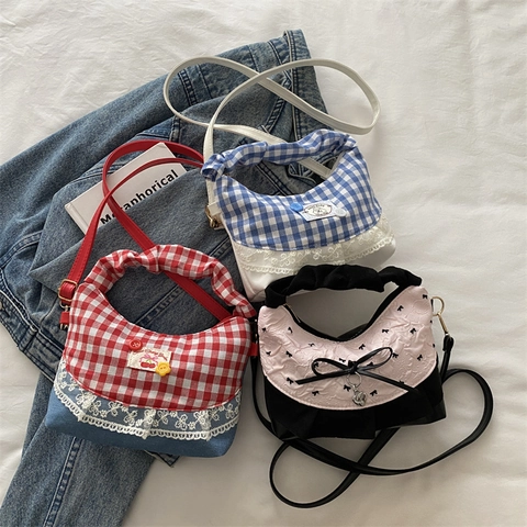 Borsa a Tracolla Dolce Gingham per Donna Ragazze Borsa Patchwork con Pizzo Borsa a Mano con Fiocco in Tela di Cotone Borsa Estiva