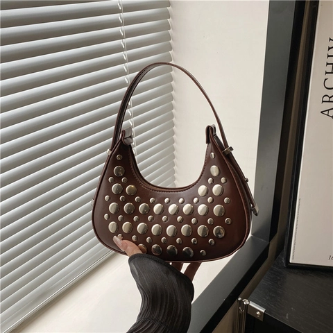 Fashion Rivet Studded Hobo Underarm Bag For Women PU Leather Crescent Shoulder Bag Punk Style Handbag For Daily Party Streetwear