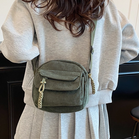 Damen Mode Cord Kleine Quadratische Tasche Vintage Lässig Crossbody Umhängetasche Mit Fronttasche Geflochtener Reißverschluss-Schieber