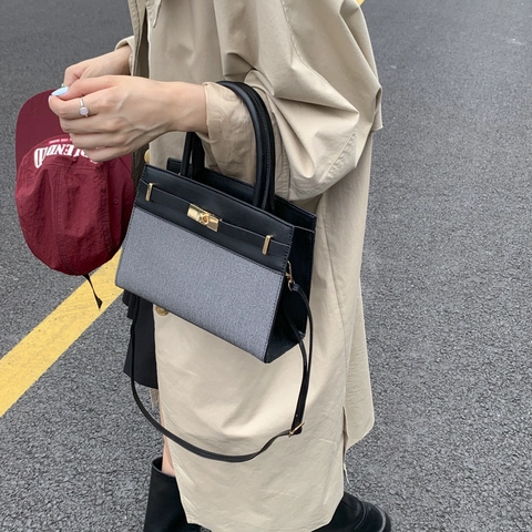 Vintage PU Fabric Splicing Crossbody Bag For Women Summer Fashion Handbag With Metal Lock Simple Square Shoulder Bag