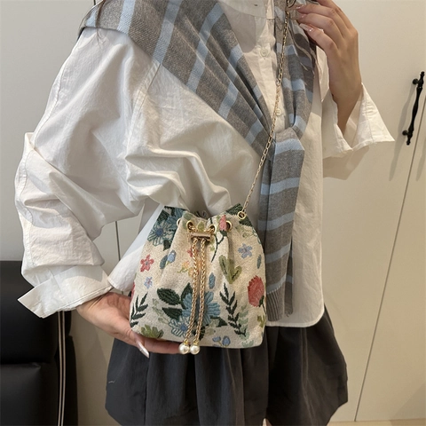 Bolso Bombonera Vintage Étnico Jacquard Floral para Mujer Con Cadena de Metal Perla Artificial Cordón Bandolera