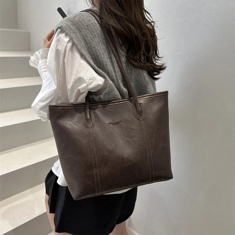 Vintage PU Leather Large Capacity Tote Bag For Women Fashion Simple Solid Color Zipper Shoulder Bag Daily Commute Shopping