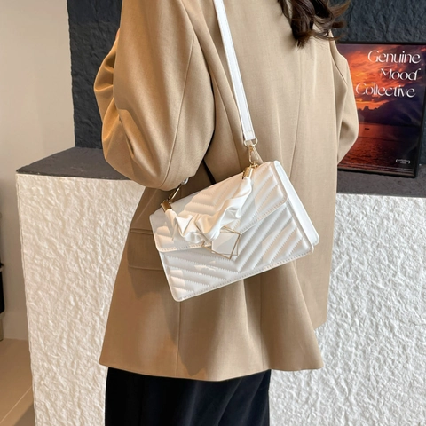 Women V-Shaped Quilted Crossbody Bag Ruched Handle Shoulder Bag With Golden Square Buckle PU Leather Small Square Bag