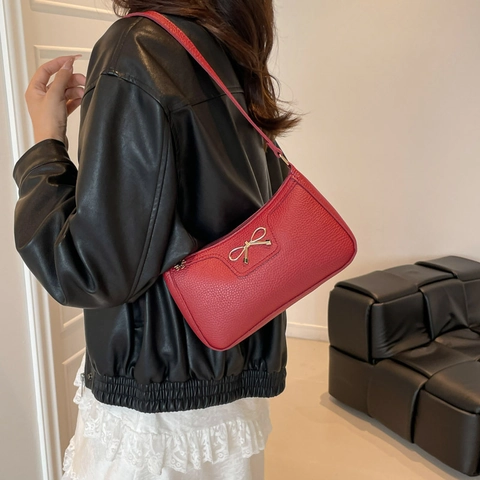 Bolso de Axila de Cuero PU de Moda para Mujer Color Sólido Decoración de Lazo Puntadas Bolso de Hombro Baguette para Oficina