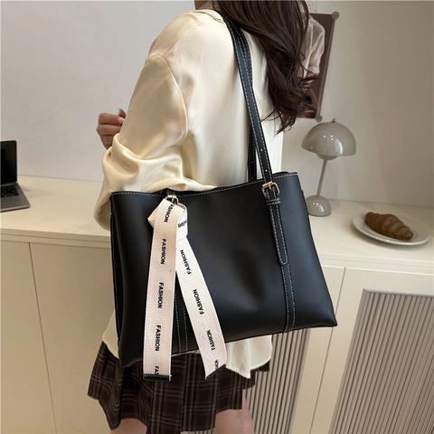 Bolso Tote Grande De Cuero PU Para Mujer Con Costuras En Contraste Decoración De Cinta Bolso De Hombro Para Oficina Uso Diario