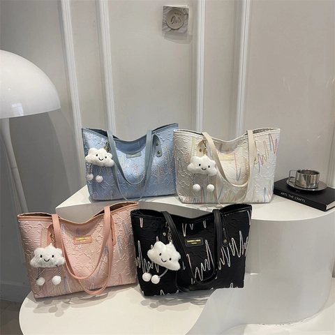 Women Large Capacity PU Tote Bag With Cloud Pendant Colorful Wave Embroidery Alphabet Embossed Shoulder Bag For Commute Daily