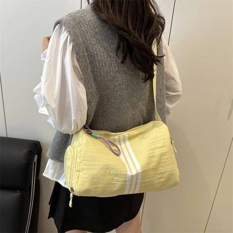 Women's Fashion Sporty Nylon Shoulder Bag Striped Cylinder Pillow Bag Lightweight Crossbody Bag Casual Daily Workout Bag