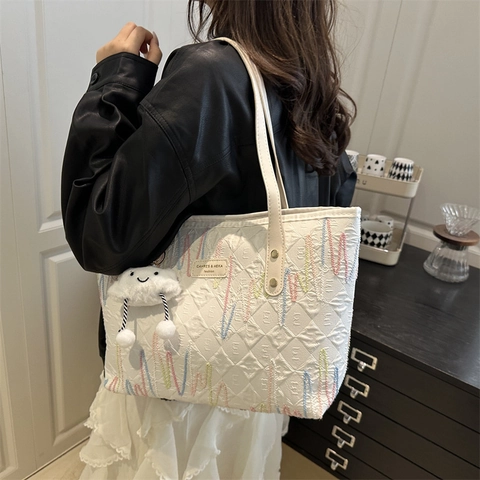 Women Large Capacity PU Tote Bag With Cloud Pendant Colorful Wave Embroidery Alphabet Embossed Shoulder Bag For Commute Daily