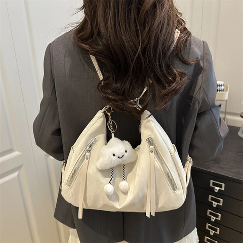 Borsa a Spalla Increspata da Donna Grande Capacità Tote alla Moda Multiuso Zaino Con Simpatico Ciondolo a Nuvola Borsa Streetwear
