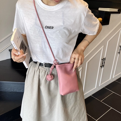 Women Mini Crossbody Mobile Phone Bag Simple Litchi Texture PU Leather Small Square Bag With Braided Knot Decoration For Leisure