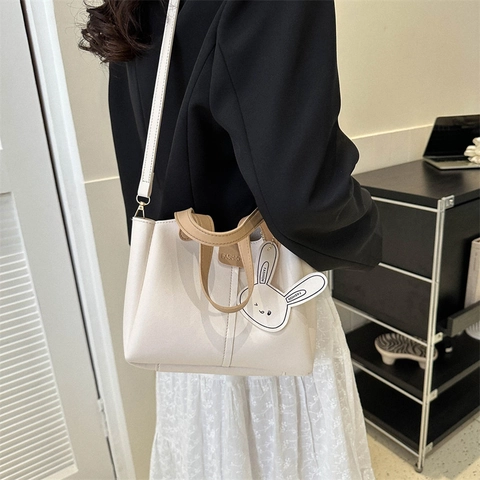 Moda Borsa a Secchiello in Pelle PU con Ciondolo Coniglietto Grande Capacità Borsa a Mano e Pochette Tracolla Donna Daily