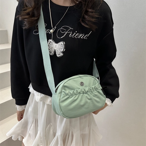 Borsa a Tracolla in Nylon da Donna Casual Borsa a Spalla Increspata Con Tracolla Regolabile Tinta Unita Moda Cerniera Messenger Bag
