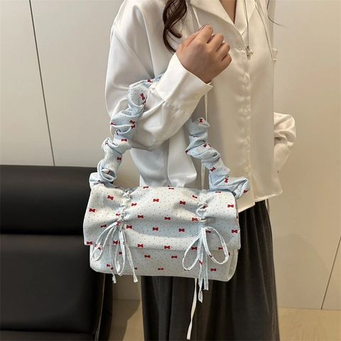 Süße Schleife Druck Geraffte Griff Schultertasche Damen Stoff Unterarmtasche Alltäglich Pendeln Japanischen Stil Mode Handtasche
