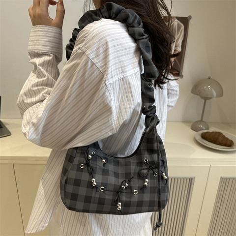 Women Gingham Checkered Shoulder Bag Ruched Cloud Handle Underarm Hobo Bag With Bow Bead Decoration Fashion Daily Trendy Tote